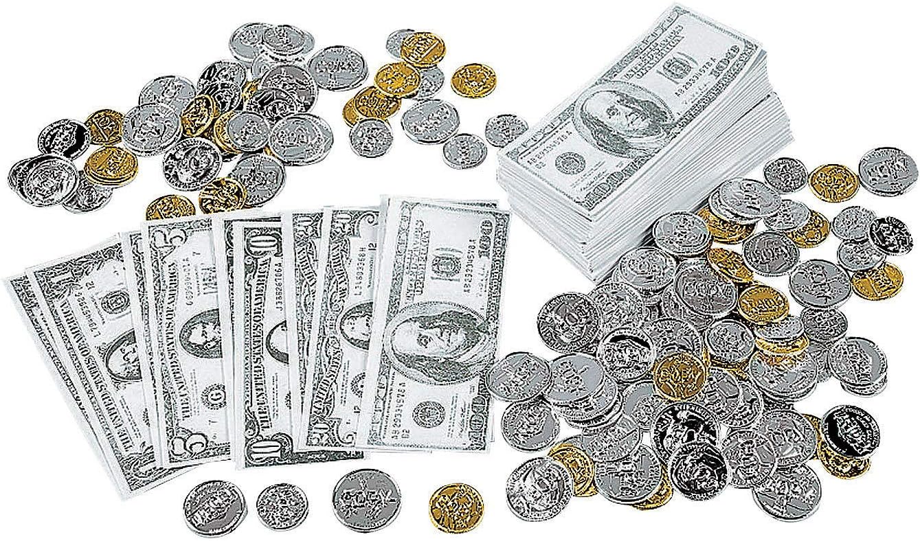 Fun Express Play Money Kit for Kids - 1440 Toy Bills and 144 Toy Coins per Set- Play Store Bills and Coins and Educational Teaching Aids