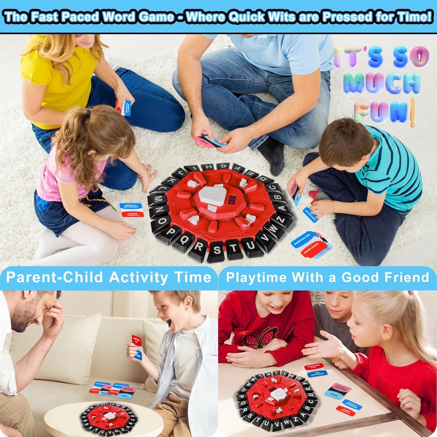 Word Game for Families, Fun for Family Games Night, Fast-Paced Party & Learning Board Games for Kids, 24 Letter Press with LCD Timer, 35 Cards, 2 Game Modes, Perfect for Birthdays–Red