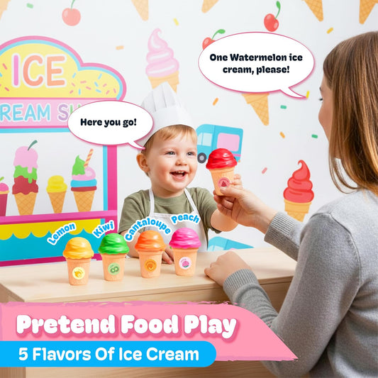 JoyCat Ice Cream Toy Set for Toddlers 1-5, Color Sorting & Stacking Toys, Pretend Play Food for Boy Girls Kids, Educational Fine Motor Skills Gift (7 Cones 7 Scoops 1 Bucket)