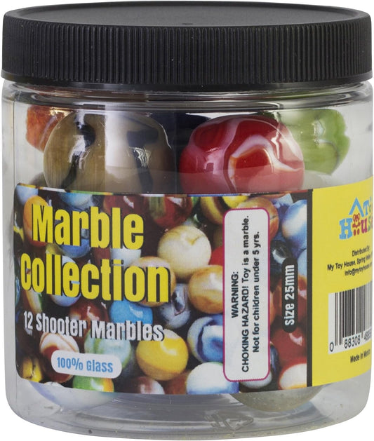 Shooter Glass Marbles with Marble Jar For Storage, Set of 12, 1-inch, Assorted Colors