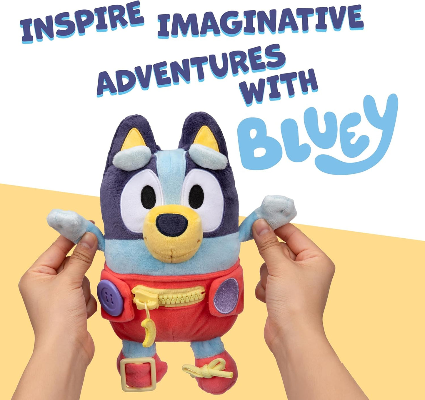 Dress & Play Baby Bluey Plush, Button, Zip, Buckle and Tie, Learn to Dress Dolls for Toddlers Ages 3+, Fine Motor Skills Buckle Toys