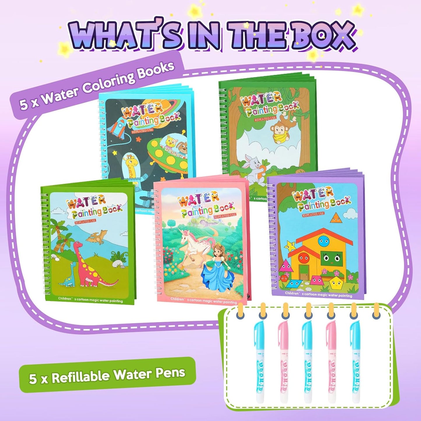 CMTOOP 5 Pack Water Coloring Books for Toddlers 1-3 - Mess Free Painting for Kids & Reusable Magic Water Activity Book - Aqua Art Travel Toys & Educational Arts and Crafts Gifts for Boys Girls Age 2-4