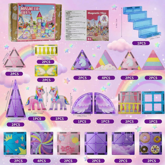 COSILY Unicorn Magnetic Tiles for Kids, Rich Colors Magnetic Building Blocks, STEM Educational Construction Sensory Toys, Unicorn Magnetic Tiles Birthday Gifts for Girls Ages 3 4 5 6 7 8+