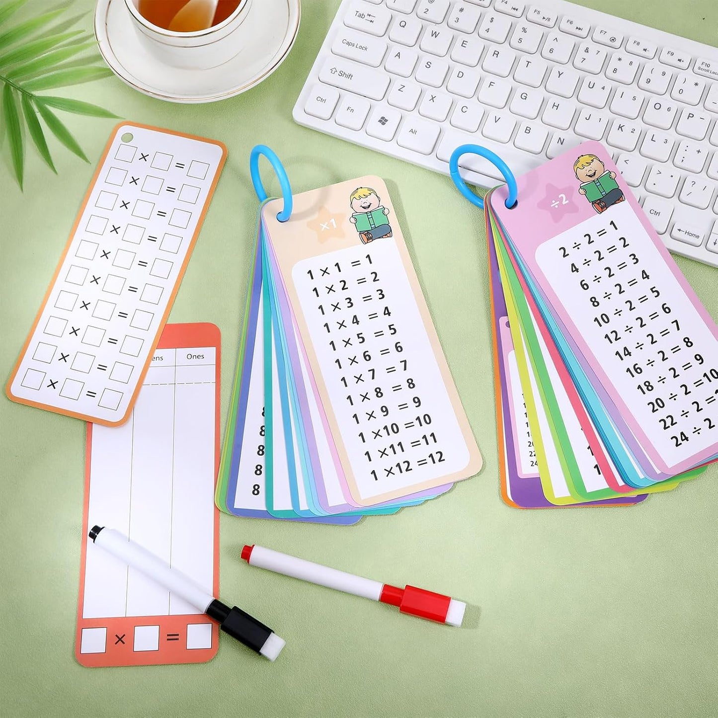 30PCS Reusable Multiplication Flash Cards&Division Flash Cards with 4 Dry Erase Pens 2 Rings,Math Flashcards for 1st to 3rd Grades,Math Games for Classroom and Home
