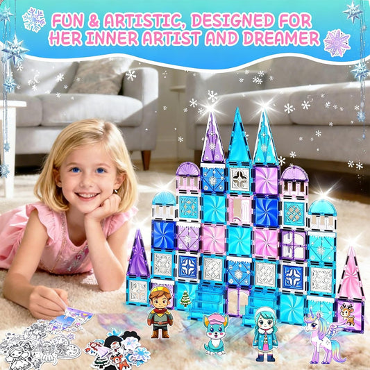 Diamond Magnetic Tiles Unicorns Princess Castle with Magnetic Art Decor Kit, Unicorn Toys for Girl 3 4-6-8, Magnet Tiles for kids 4-8 5 6 7+ Girl Gifts,Magnet Toys Include 5 Dolls,Rainbow,Candy,Decors