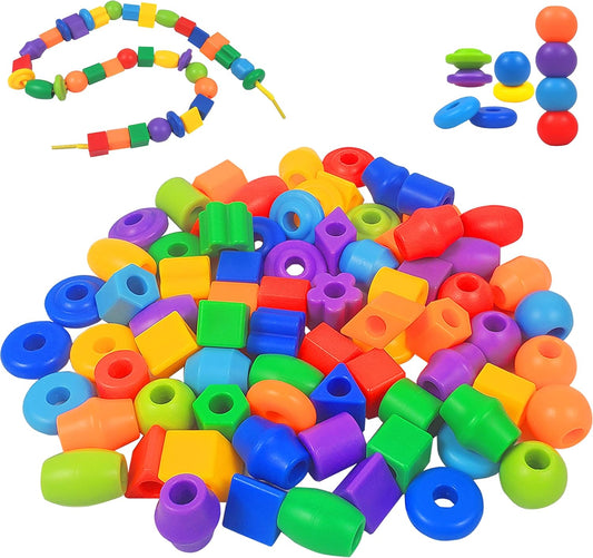 KUTOI Plastic Lacing Beads for Kids with Fun Shapes, Long String, and Brilliant Colors, Educational Occupational Therapy Toys-Fine Motor Toys,Montessori Toy for 3 Year Old and Above(70 pcs)