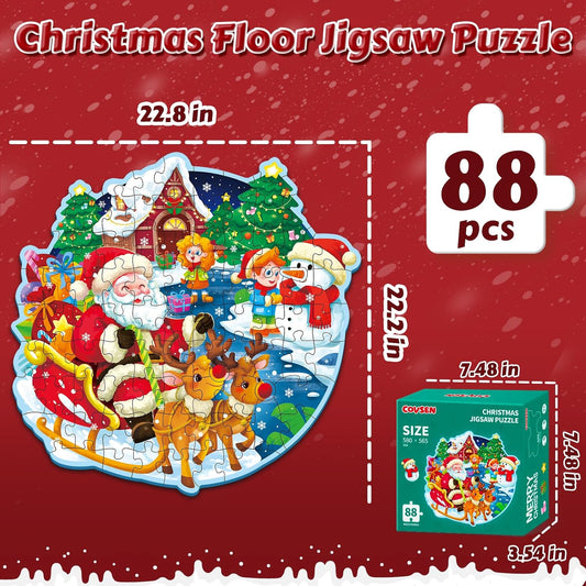 Christmas Floor Puzzle for Kids Ages 3-5 & 4-8, 88 Piece Blue Cardboard Jigsaw Puzzles for Kids, Learning Educational Toys Birthday, for 3 4 5 6 Year Old Girls & Boys