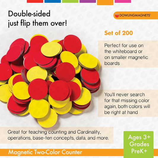 Dowling Magnets Magnetic Two-Color Counters (Red/Yellow, 1 inch Diameter Each), Set of 200. Item 732190. Counters for Kids Math/Math Counters for Kids/Magnetic Math Manipulatives/Montessori Math