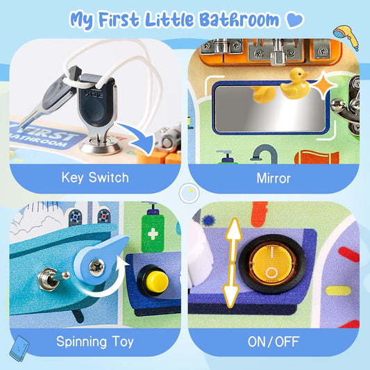 Busy Board Montessori Toys for Toddler 1-3 Year Old, Wooden Sensory Board with LED Light Switches,Bathroom Theme Travel Toys for 1+ Year Old Boy & Girl Birthday Gift