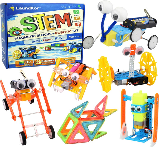 6-in-1 STEM Robotics Kit for Kids 6-12 – Build 5 Real Moving Robots + 32 Magnetic Blocks, Engineering Science Toy with Tools, Educational Gift Set for Boys & Girls