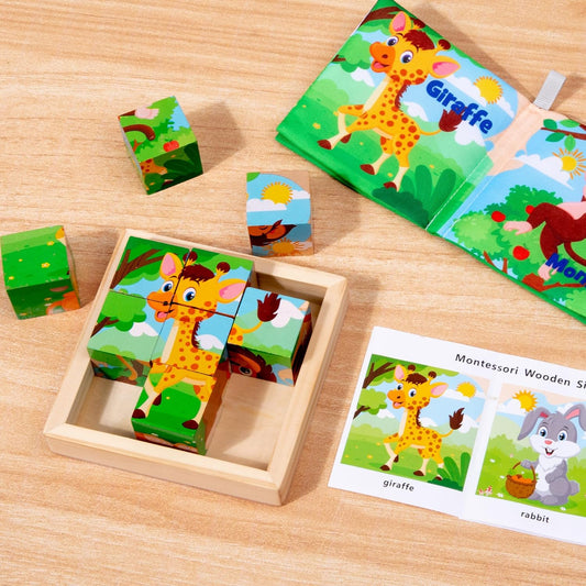 Wooden Dinosaur Block Puzzles for Kids Ages 3-5 with Baby Book, Jigsaw Puzzles Preschool Educational Interactive Toys Gift for Boys Girls, Wood Dino Cube Puzzles for Toddlers 2 3 4 5 6 Years Old