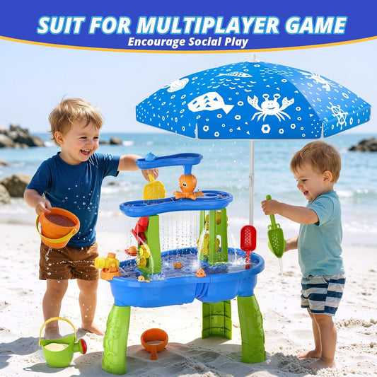 Wee Wonders 3-Tier Water Table for Toddlers, Kids Sand Water Table with Adjustable Umbrella, Sand Toys & Fishing Game, Sensory Table Activity Playset for Outdoor Beach, Summer Toys for Girls Boys 3-5