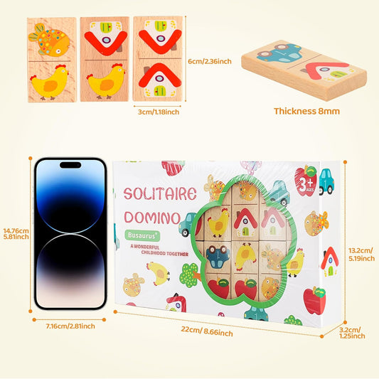 28 Pcs Wooden Domino Puzzle Game - Multicolor Fruit & Animal Design, Educational Family Logic and Thinking Skill Development Toy, Children's Dominoes with Pictures, Gifts for Preschool and Age 3+