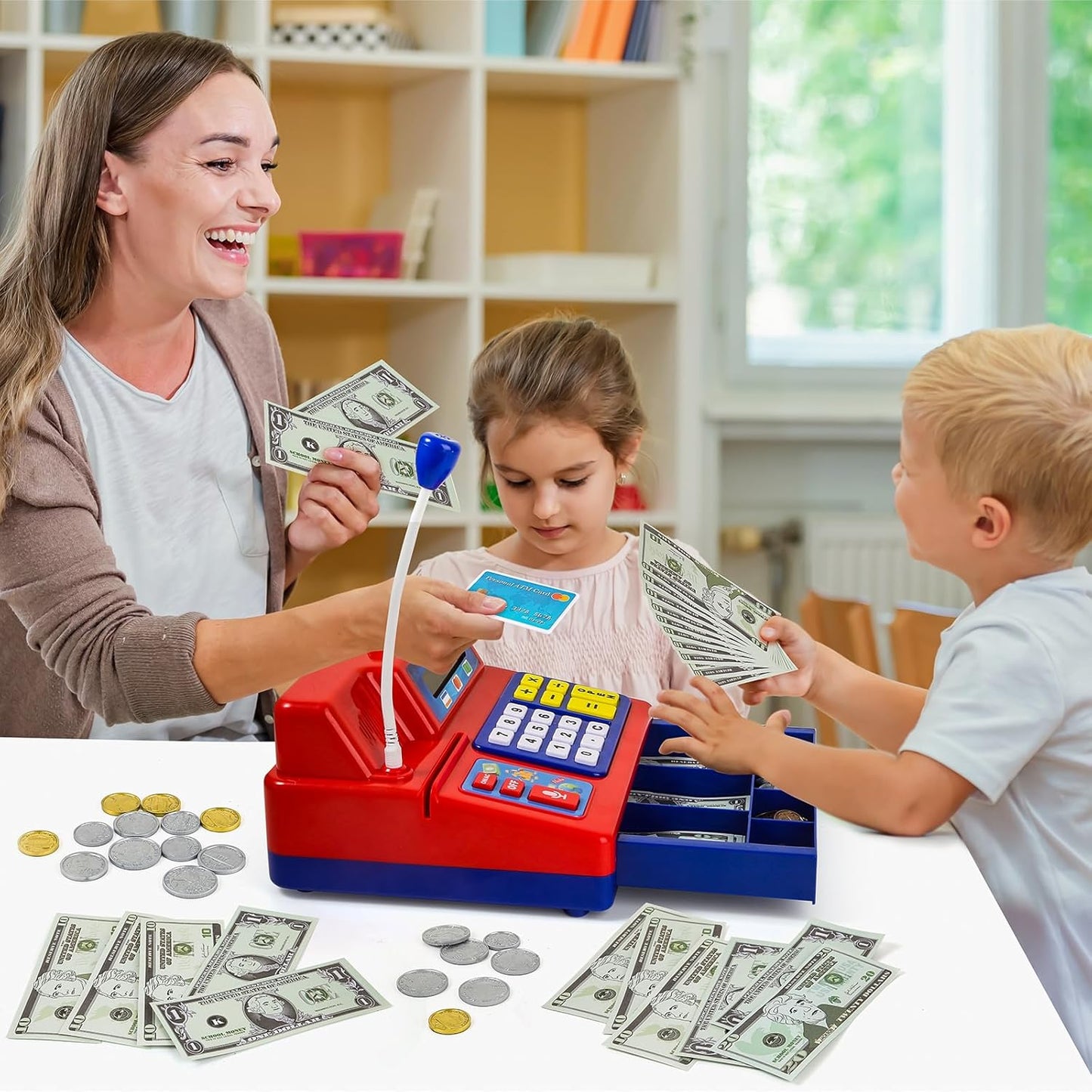 Calculator Cash Register Toy Gift for Kids Age 3, 4, 5, 6, 7, 8+ Year Old, 103 Pcs Pretend Grocery Store Playset with Toy Cash, Microphone, Credit Card, Play Cash Register for Toddlers 4-8, Silvery