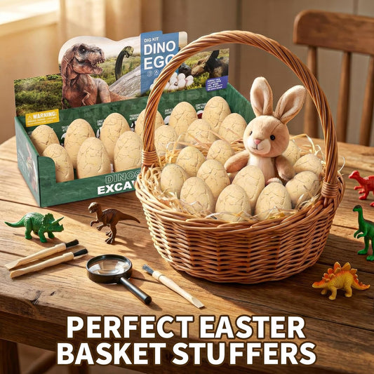 24 Dinosaur Eggs Dig Kit Toys for Kids, Dinosaur Eggs Excavation Kit with Magnifier, Easter Basket Stuffers, Science STEM Birthday Party Favors Gifts for Boys Girls Age 3 4 5 6 7 8 9 10 + Years Old