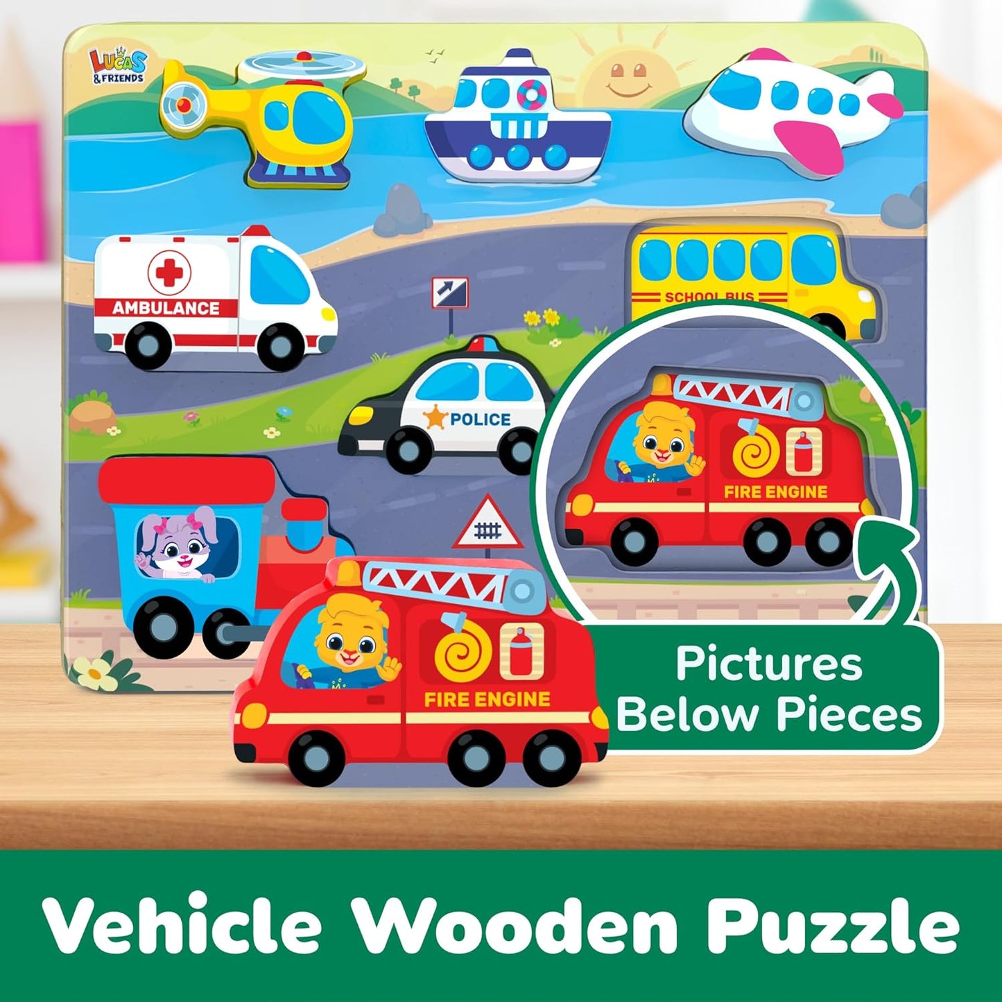 Jumbo Wooden Puzzles, Vehicle Puzzles Toys for Toddlers 2-4, Learning Educational Toys for Toddler 2 3 4 Years Old Boys & Girls As Gifts, Montessori Puzzle Board for Baby and Kids By Lucas & Friends