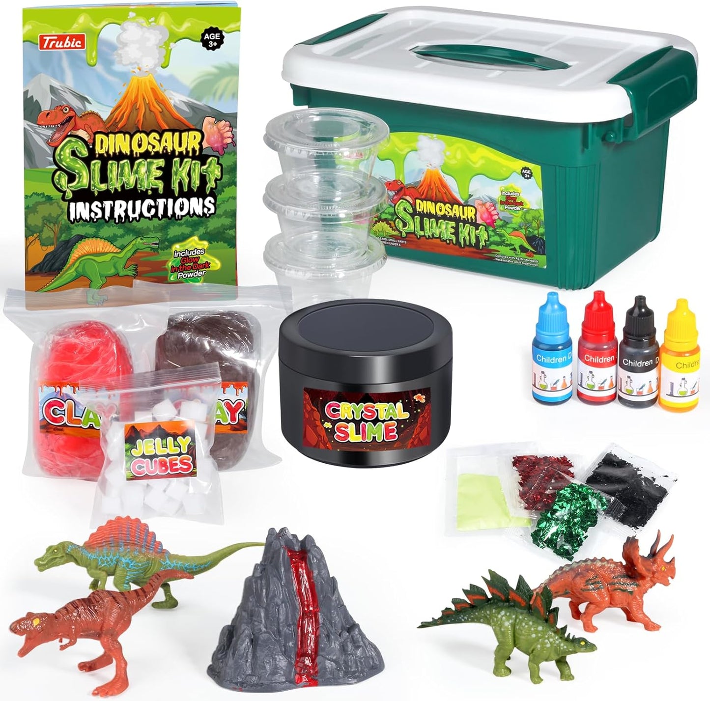 Dinosaur Slime Making Kit, Jelly Cube/Butter/Crystal/Glow in The Dark Slime with Add-ins, Includes Dino Figurines/Volcano, Christmas Birthday Party Favors Gift Toys for Kids Boys 6-12