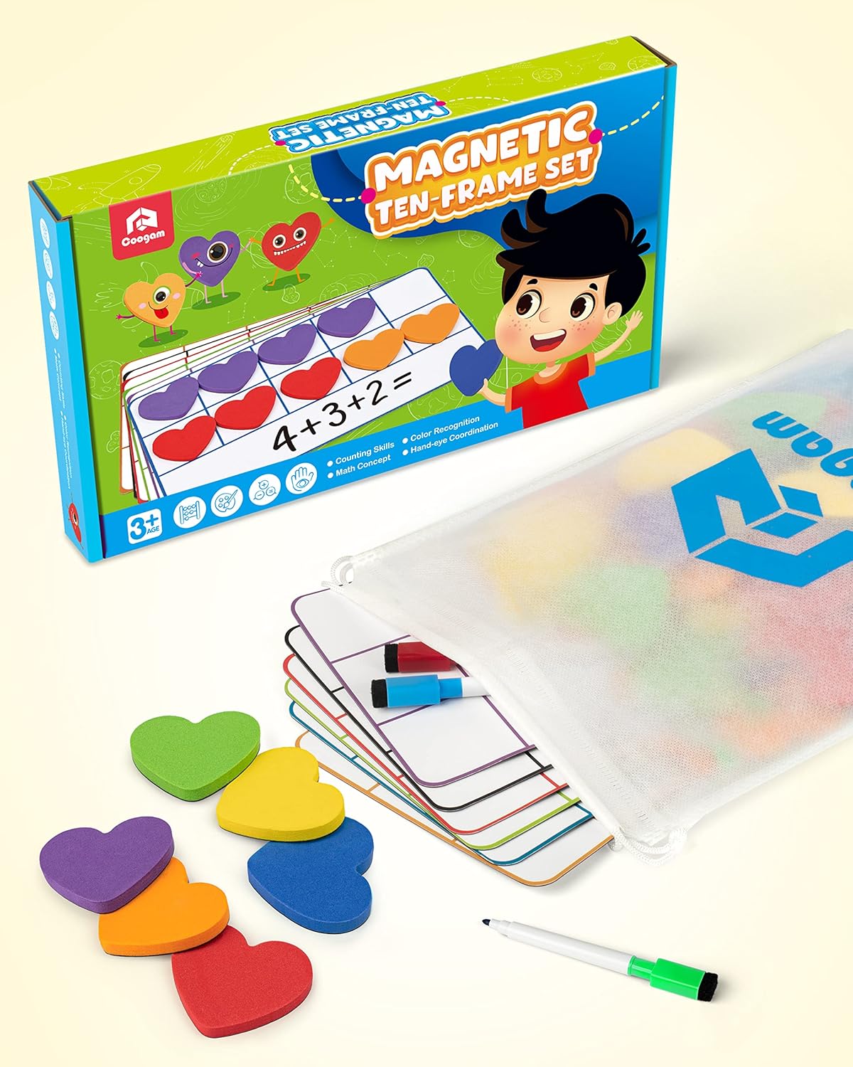 Coogam Magnetic Ten-Frame Set, Math Manipulative EVA Number Counting Games, Montessori Educational Toy Gift for Kindergarten Classroom Kids 3 4 5 Year Old