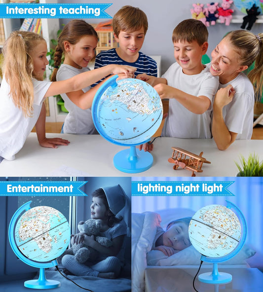 Globe for Kids Illuminated Globes of the World with Stand & Animals Illustrations Earth World Globe Night Light for Kids' Room Decor Classroom Educational Tool Birthday Gift, Dia 8-inch