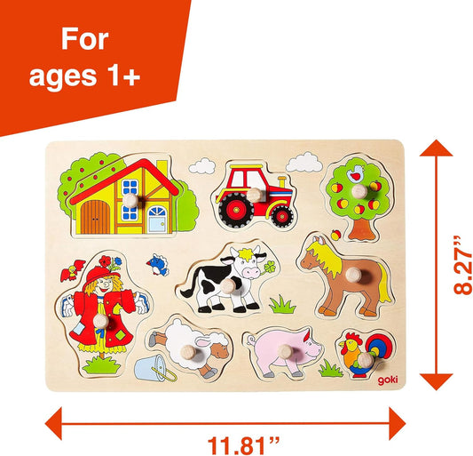 GOKI Wooden Puzzles for Toddlers 1-3 Farm Animal Peg Puzzle with Jumbo Knobs Ages 1+ Educational Montessori Toys for Shape Recognition & Fine Motor Skills - 9 Pieces-Designed with Love in Germany