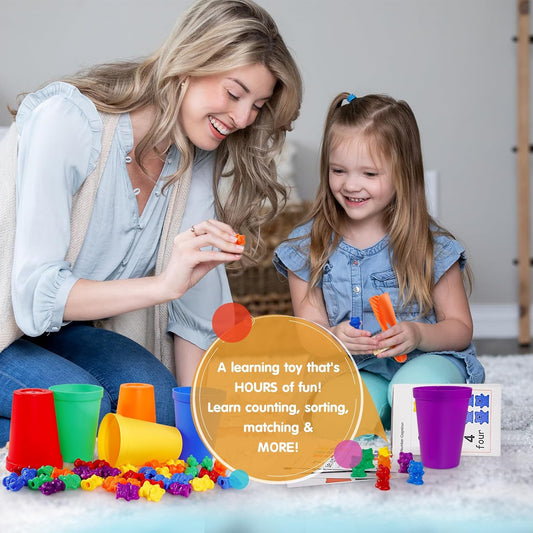 Bmag Counting Bears with Matching Sorting Cups,Pre-School Math Learning Games with 2 Dices,Color Recognition STEM Educational Toy for Toddler Bonus Tweezers, Storage Box, Activity Cards
