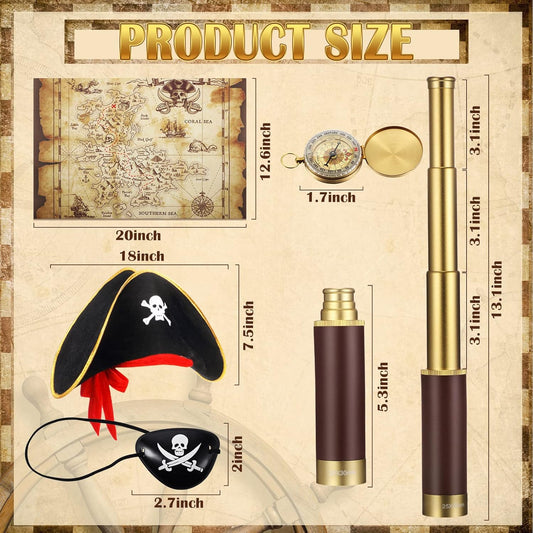 Pirate Monocular Telescope Treasure Map Pocket Compass Pirate Hat Skull Print Captain Costume, 5 Pcs Party Favors Costume Spyglass Kid Compass for Cosplay(Small)