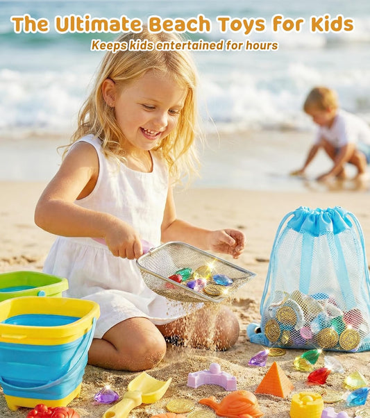 Eicaus 46 PCS Beach Sand Toys for Kids Toddlers, Collapsible Sand Buckets & Mesh Bag Set with Heavy Duty Metal Sifters, Treasure Hunt Gems, Castle Molds, Travel Sandbox Toys for Boys Girls
