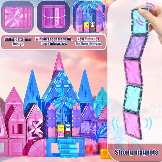 SKTMYY 114pcs Magnetic Tiles for Kids,3D Diamond Princess Ice Castle, Magnetic Tiles Age 3-5 4-8,STEM Educational Toys for Girls Kids Birthday Gift