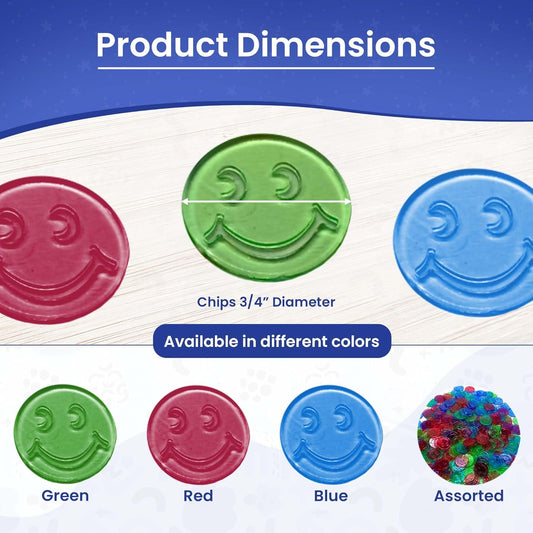 MR CHIPS Bingo - 3/4" Size 100/300/600/1200 Counting Markers in Red, Blue and Green Colors Smiley Face Design