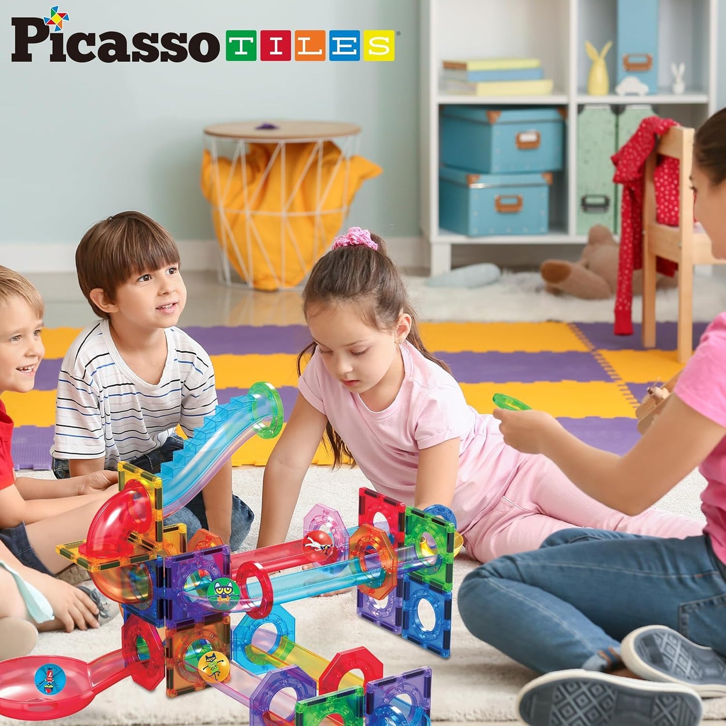 PicassoTiles 70pc Marble Run Magnetic Tiles STEM Set for Kids Ages 3 and Older Magnet Tile Marbles Maze Building Blocks Brain Development Toy Preschool Educational Learning Construction Playset PTG70