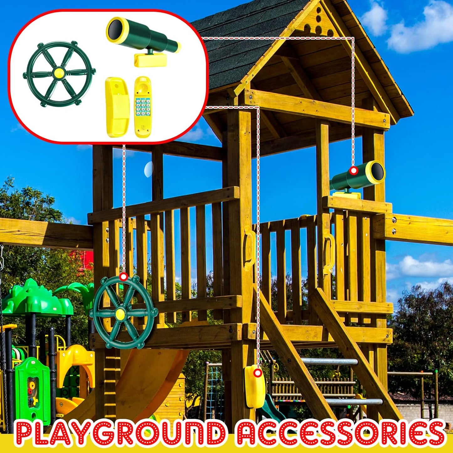 3 Pcs Playground Accessories for Kids Outdoor Swing Set Accessories Playground Equipment Pirate Plastic Ship Wheel Toy Telescope Telephone Backyard Outdoor Playhouse Climbing Equipment(Yellow, Green)