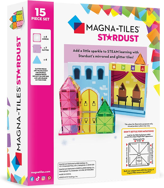 MAGNA-TILES Stardust 15-Piece Magnetic Construction Set, The ORIGINAL Magnetic Building Brand, 3-99 Years with 4 Mirrored Squares