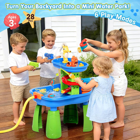 Toddler Water Table for Kids - Sand and Water Table with 28PCS Toy Accessories & Rain Shower Sprinkler, Outdoor Sensory Water Play Table, STEM Toy Summer Gift for Boys Girls Ages 3-8