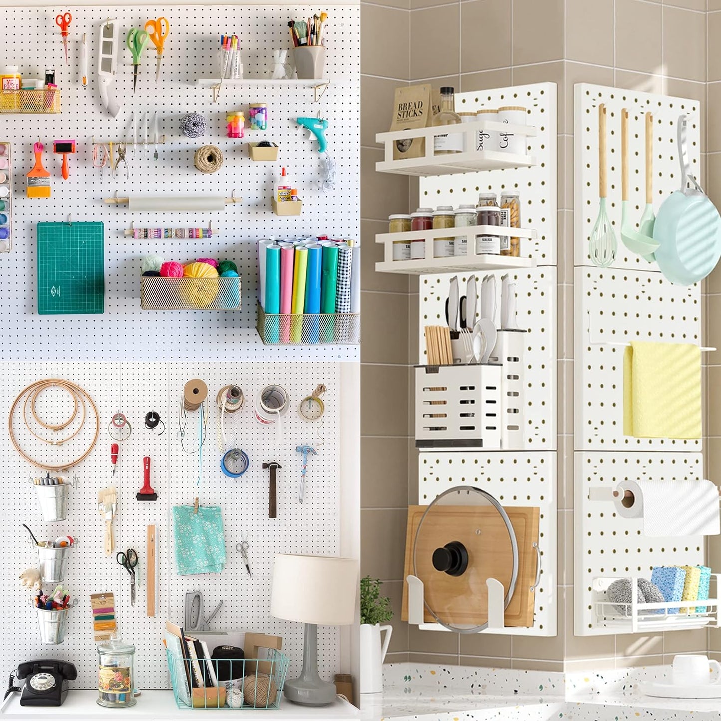 4Pcs Peg Board Panels, White ABS Pegboard Wall Mount, Easy Installation for Craft Room, Garage, Kitchen, Workshop
