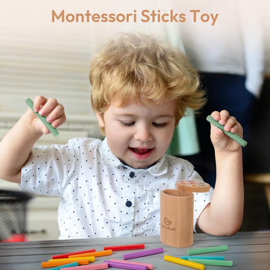 Woodtoe Montessori Sticks Toys for 1-3 Year Old, 18 Month Old Toys, 7 Colors Sorting Learning Toys for Toddlers, Wooden Sensory Toys, Fine Motor Skills, 1 2 3 Year Old Birthday Gift Toy for Boy Girl