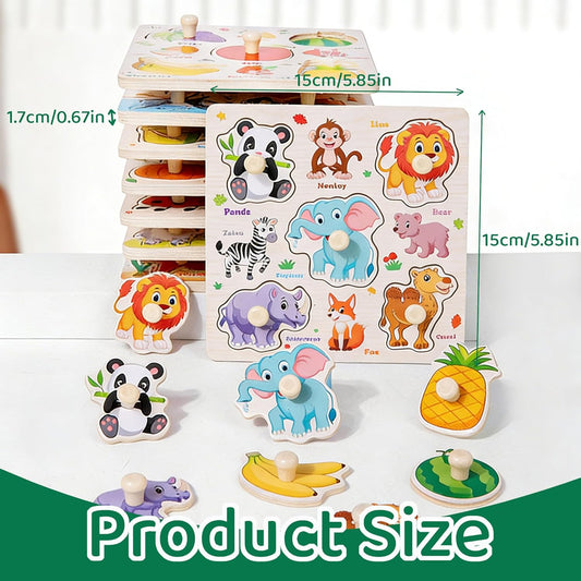 Wooden Puzzles for Toddlers 1-3, 8 Pack Peg Puzzles for Kids with Animals, Dinosaurs, Fruits, Vegetables, Educational Preschool Learning Toys, Birthday Gifts for Boys, Girls