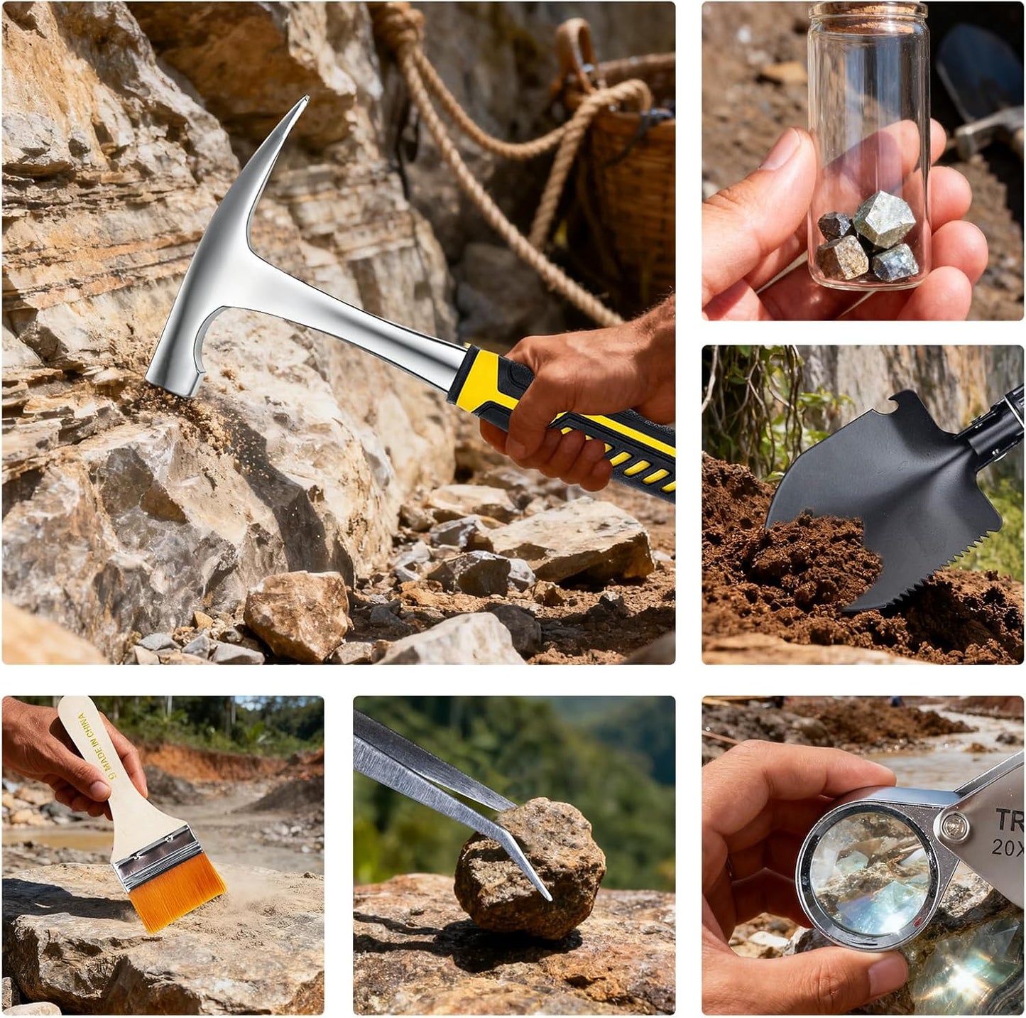 Geology Rock Pick Hammer Kit – 25PCS Rock Hammer Kit, Complete Geology Kit with Chisels,Folding Shovel, Safety Gear,Gold Panning Kit Accessories, Rock Hounding Equipment for Outdoor Exploration