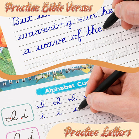 Grooved Cursive Handwriting Workbook for Kids 5-12 & Adults,Reusable Magic Practice Books with Disappearing Ink Pens,Grooved Kids Writing Book Cursive Workbook with Words Letters Bible Verses Sentence
