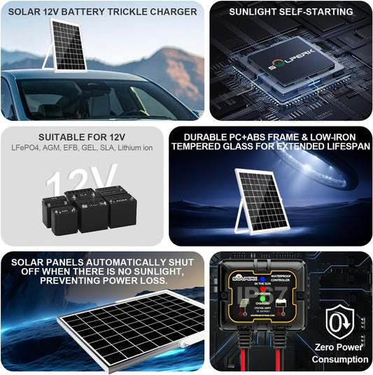 SOLPERK Solar Panel Kit 50W 12V, Waterproof Solar Battery Trickle Charger Maintainer + Waterproof Controller + Adjustable Mount Bracket for Boat Car RV Motorcycle(Without Mounting Bracket)
