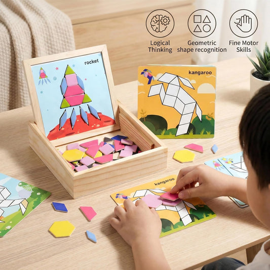 Magnetic Pattern Blocks Set, 75 Pcs Wooden Montessori Jigsaw Puzzles for Kids Ages 3-8, Geometric Shape Tangram with 60 Patterns & Storage Box, Travel STEM Toy Fridge Magnets Gift
