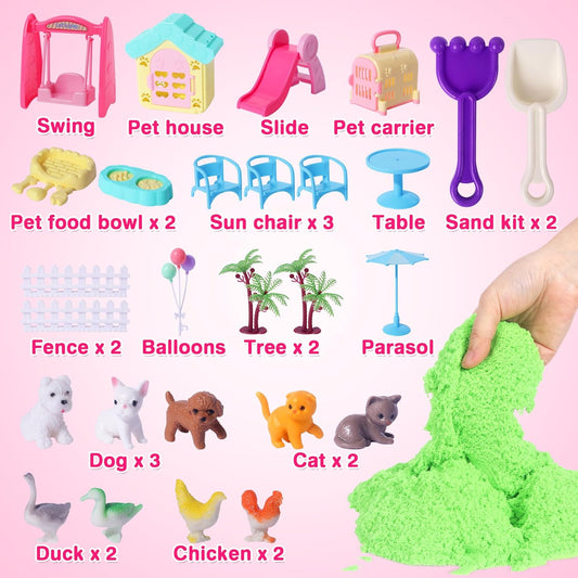 Billeeit Pet Sensory Bin Sand Toy with 2.2lbs Green Moldable Sand, Dog & Cat Play Sand Kit for Boys and Girls Including 28pcs Accessories Total, Sand Box Toys Gift for Kids 3+ Indoor Creativity