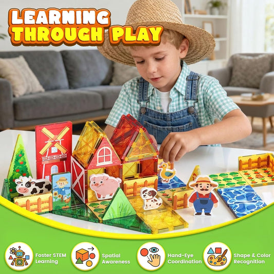 3 Otters 42PCS Magnetic Tiles Toys with Farm Animals, Magnetic Building Blocks Educational STEM Toys for Birthday Party Gifts Kids Toddlers Preschool Classroom