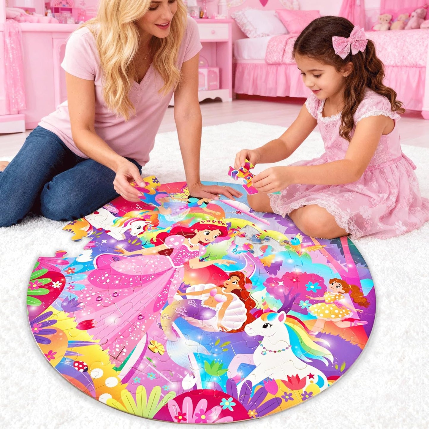 Unicorn Toys Gifts for Girls Age 4-6, 70 Pcs Jumbo Floor Puzzle for Kids, Fun Educational Preschool Learning Toy for Toddlers 3-5, Easter Basket Stuffers Birthday Gifts for Kids (Pink)