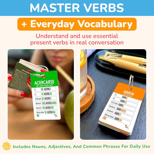 500+ Spanish Vocabulary Flash Cards for Adults & Kids Ages 15+ - Verb Conjugation, Nouns, Adjectives & Phrases to Learn Spanish for Adult Beginners Flashcards