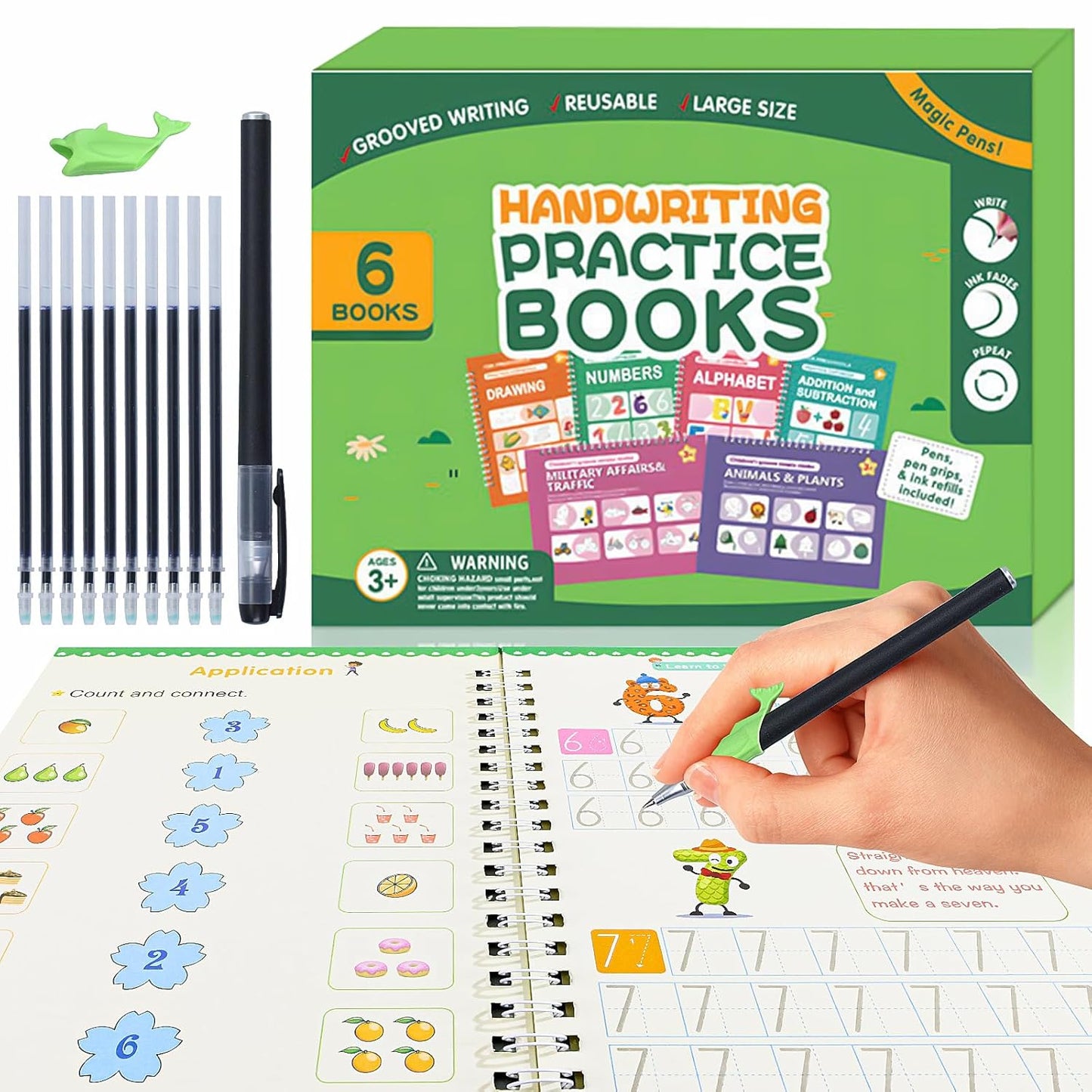 Magic Grooved Writing Practice Books, Handwriting Practice Magic Copybook for Kids Ages 3-8, Large Grooved Writing PracticeBook Aid Magic Pen Reusable Letter Learning Kit, Kindergarten Workbooks