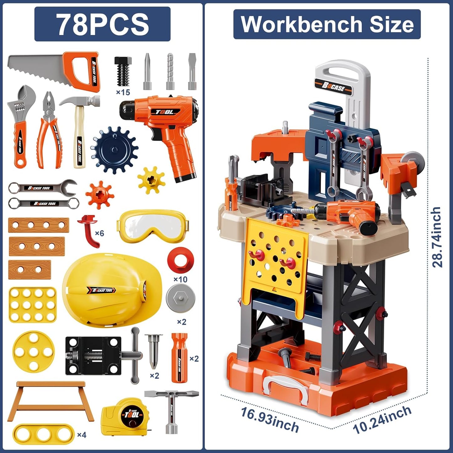 Kids Tool Bench -Toy Workbench with Electric Drill Toy Tool Accessories and Construction Vest 91pcs Toddler Tool Bench,Pretend Play Learning Toy Tool Bench for Kids Ages 3-5,4-8