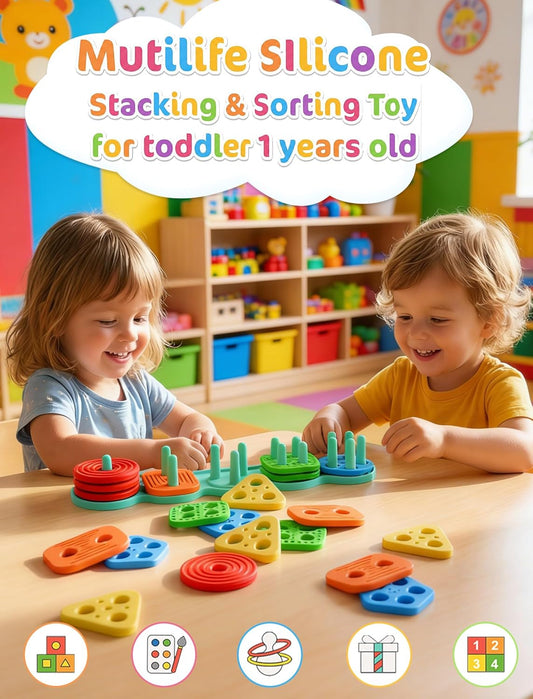Montessori Learning Toddler Toys 1 2 3: Soft Silicone Shape Color Sorting Stacking Toy for 1-3 Year Old Boy Girl Gifts
