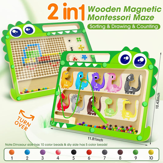 FunMission 2-in-1 Double Side Dinosaur Magnetic Color and Number Maze & Drawing Board Educational Montessori Wooden Toys, Color | Number |Counting, Learning Fine Motor Sensory Toys