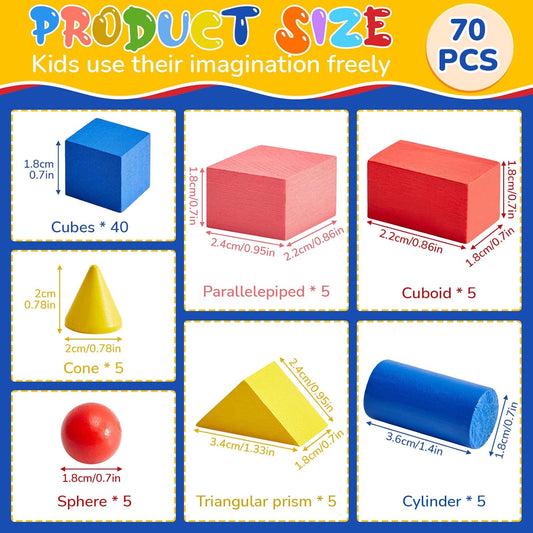 Deekin 70 Pcs Wood Geometric Solid Mini 3D Shapes Wooden Block Bulk for Teaching Classroom Manipulatives Elementary Shape Block for Geometry Math Kindergarten Preschool Learning (Geometry)