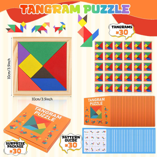 Dunzoom 50 Pack Tangram Puzzle Wooden Pack Bulk Kid Party Favors Stem Jigsaw Game Educational Shape Puzzle Toy Goodie Boxes Stuffers for Kids 4-8 Classroom Prize Reward Birthday (Vibrant Bright)